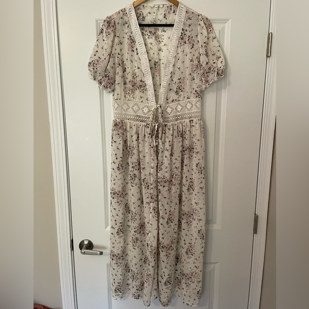Vici for Baevely Spring Floral Maxi kimono Cardigan front tie with Lace Detail
